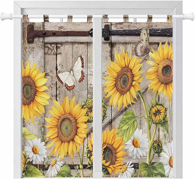 Farmhouse Sunflowers Bedroom Curtains 72 Inch Length, Window Curtains Tab Top, Rustic Barn Doors Flowers Butterfly Wooden Light Filtering Window Treatments Drapes 52"x72" 2 Panel