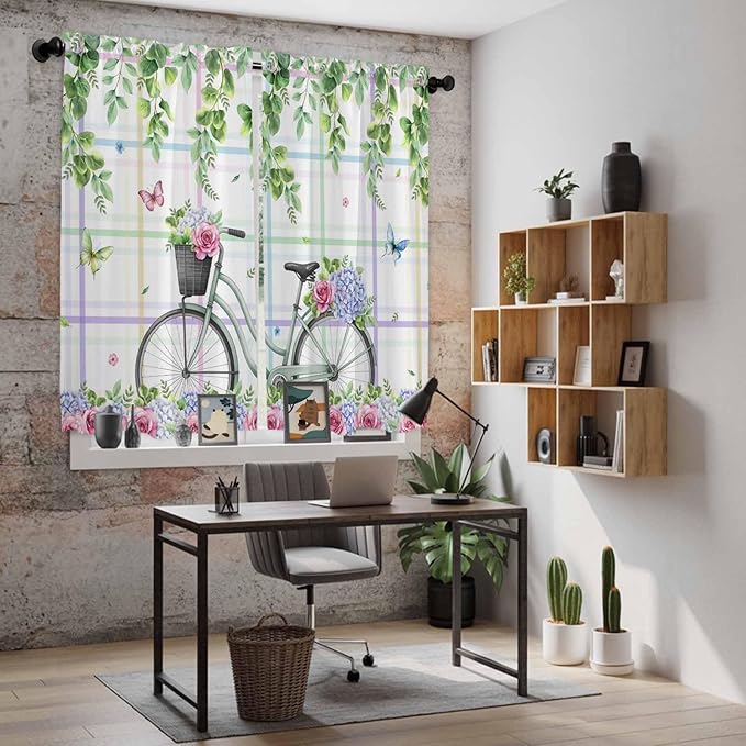 Spring Kitchen Curtains, Bicycles Botanical Leaves Rose Colorful Stripes Light Filtering Window Curtain Panels, 2Pcs Rod Pocket Window Treatments Set for Living Room Bathroom Bedroom 42x63 Inches