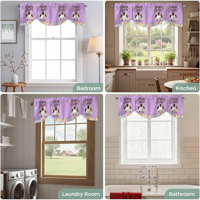 Purple Easter Tie Up Valance Curtains for Windows, Kitchen Curtains Window Shades, Spring Cartoon Bunny Colorful Eggs Wood Grain Light Filtering Curtain Valances for Bedroom/Bathroom/Cafe 42"x18"
