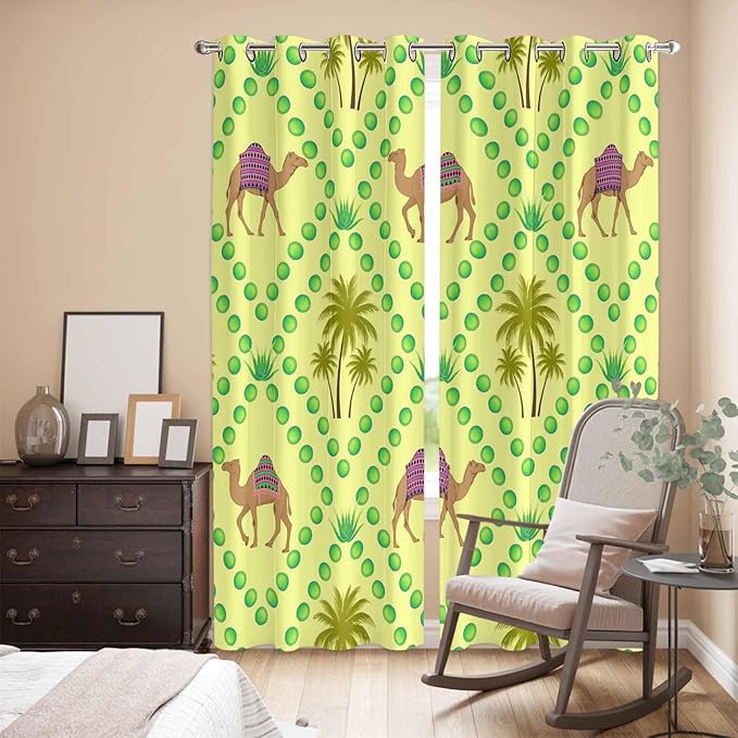 2 Panel Kitchen Cafe Curtains, Desert Sand Camels Sunlight Filtering Nature Air Through, Window Decor Tier Curtains for Living Room 104W x 96L inch Palm Trees Tropical Plants Polka Dot Yellow