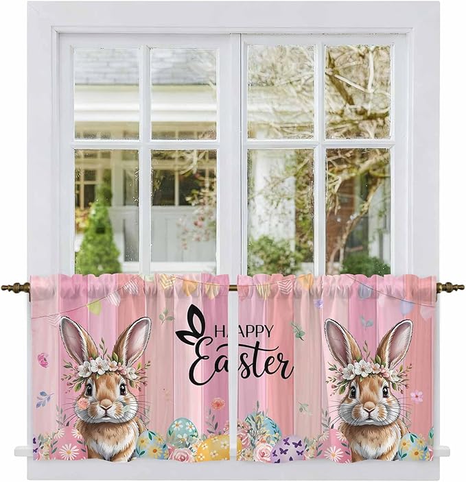 Easter Tier Curtains, Spring Rabbit Eggs Flowers Flags Leaves Wood Grain Light Filtering Kitchen Curtains, 2Pcs Rod Pocket Half Window Treatments Panels for Sink Cafe Cabinet Camper 27.5x36 Inches