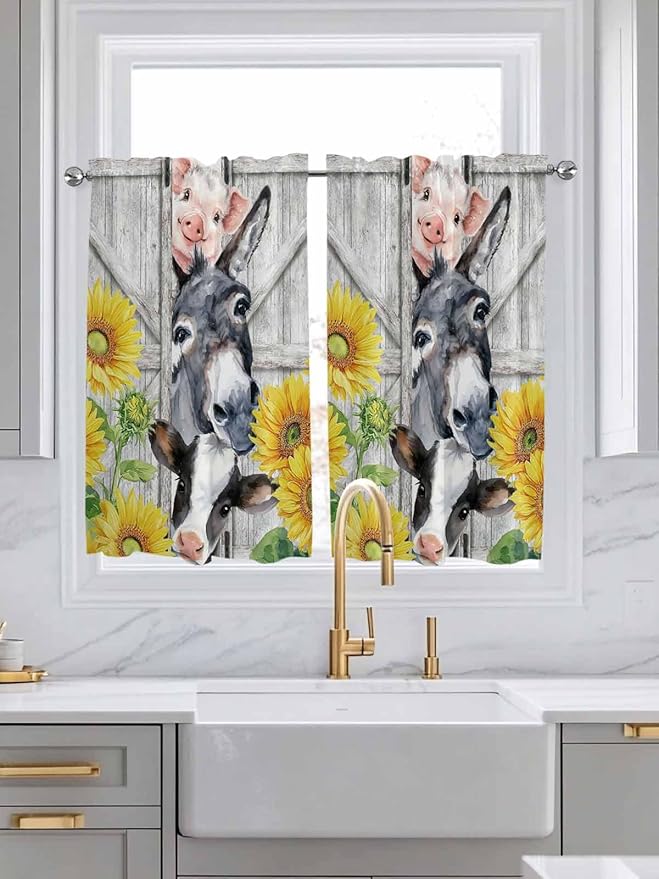 Farmhouse Kitchen Curtains 45 Inches length, Watercolor Sunflowers Animals Printed Wood Grain Window Treatment Curtain Drapes, Lightweight Window Panels for Living Room Bedroom, 52"x45", 2 Panels