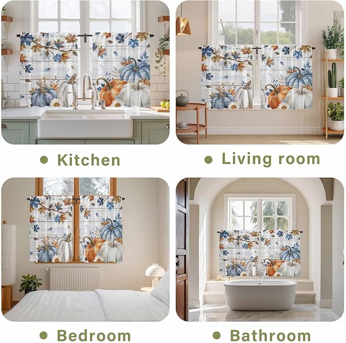 Thanksgiving Pumpkin Kitchen Tier Curtains 45 Inch Long 2 Panel Set,Rod Pocket Short Window Treatment,Fall Maple Leaf Daisy Wooden Grain Curtains & Drapes for Bathroom Basement 27.5"W x 45"L