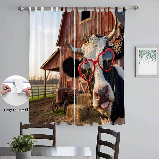 Farm Cows Living Room Curtains 96 Inch Length, Window Curtains Tab Top, Farmhouse Barn Funny Animals Butterfly Light Filtering Window Treatments Drapes 52"x96" 2 Panel