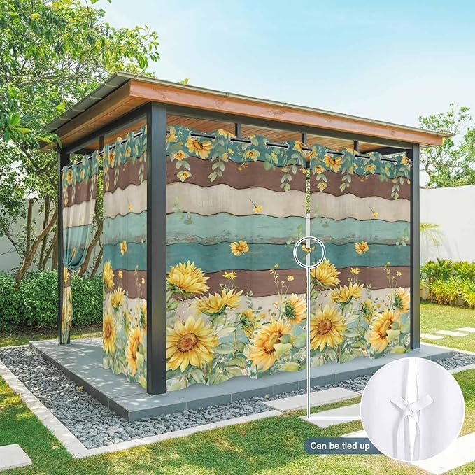 Sunflowers Outdoor Curtains for Patio Summer Floral Eucalyptus Leaves Vintage Wood Waterproof Outside Curtains with Grommet Top Weatherproof Curtain for Cabana Pergola Gazebo, 1 Panel, 54" W x 84" L
