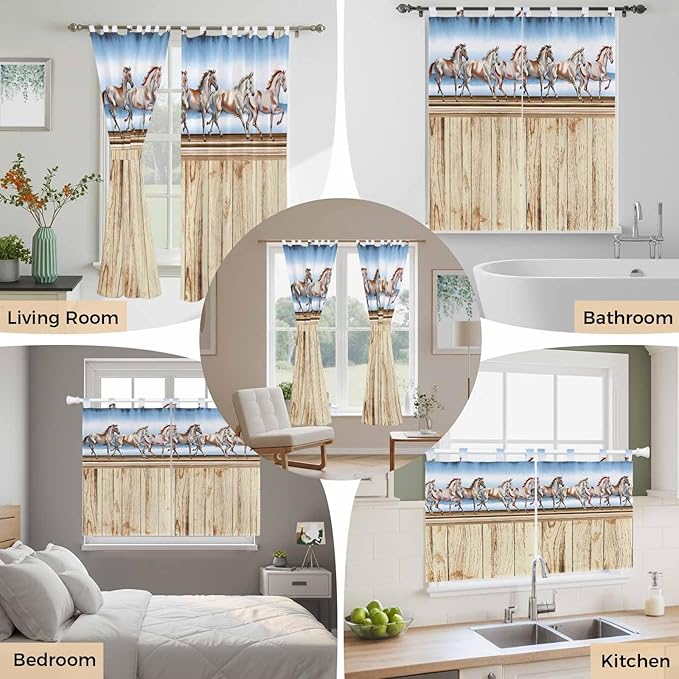 Western Horse Bathroom Curtains 63 Inch Length, Window Curtains Tab Top, Farmhouse Wooden Grain Vintage Cowboy Barn Door Light Filtering Window Treatments Drapes 52"x63" 2 Panel