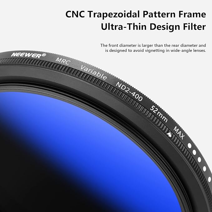 NEEWER 52mm Variable ND Filter ND2-ND400 (1-9 Stops), Neutral Density Filter, Multiple Coatings, Water and Scratch Resistant