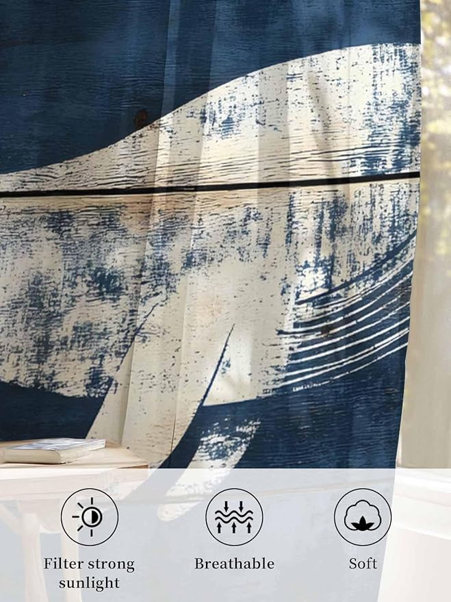 Sheer Curtains 96 Inches Long, Ocean Whale Blue Semi Sheer Curtains Light Filtering Window Treatment, Summer Sea Vintage Wooden Grain Privacy Voile Drapes for Living Room Bedroom 52x96 Inch