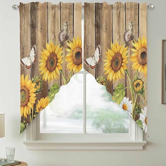 Farmhouse Sunflowers Swag Valances for Windows, Rustic Floral Buttterfly Wood Board Brown Rod Pocket Kitchen Curtains Valance, Small Window Curtains Swag for Cafe Living Room, 2 Panels, 36x36 inch