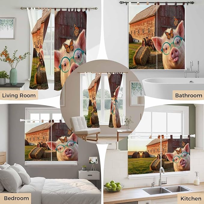 Farm Pig Bathroom Curtains 63 Inch Length, Window Curtains Tab Top, Farmhouse Barn Funny Animals Butterfly Light Filtering Window Treatments Drapes 52"x63" 2 Panel