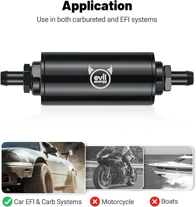 EVIL ENERGY Inline Fuel Filter 40 Micron with Barb 1/2", 3/8", 5/16" Fitting Adapter 60MM Universal Aluminum Black, for Gasoline, Diesel, Rubber Fuel Line, Car EFI & Carb Fuel Systems