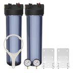 Max Water 20" x 4.5" Whole House Water Filter Housing – Fits Standard Large Blue Filters – 1 inch Inlet/Outlet Ports with Pressure Gauge Wrench and Bracket (2 Housing + 2 Pressure Gauge)