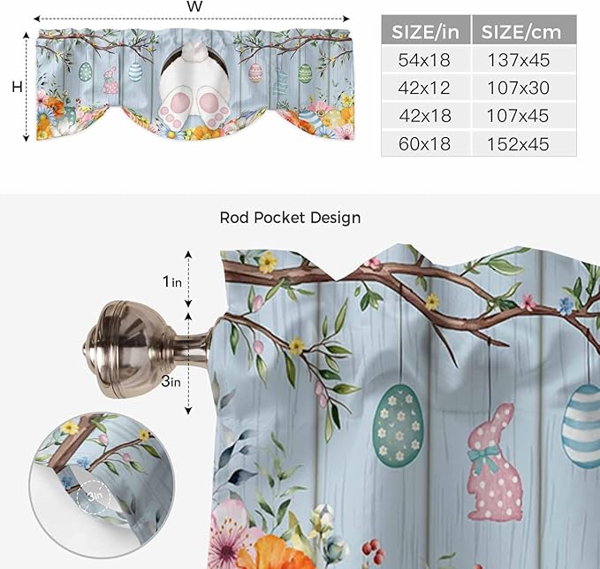 Easter Tie Up Valance Curtains for Windows, Kitchen Curtains Window Shades, Spring Watercolor Bunny Eggs Flower Wood Grain Blue Light Filtering Roman Curtain Valances for Bedroom/Bathroom/Cafe 42"x12"