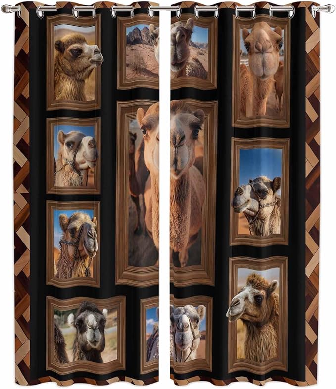 2 Panel Kitchen Cafe Curtains, Desert Camels Sunlight Filtering Nature Air Through, Home Decor Window Covering Tier Curtains for Living Room 104W x 96L inch Brown Wildlife Farmhouse Animals Rustic