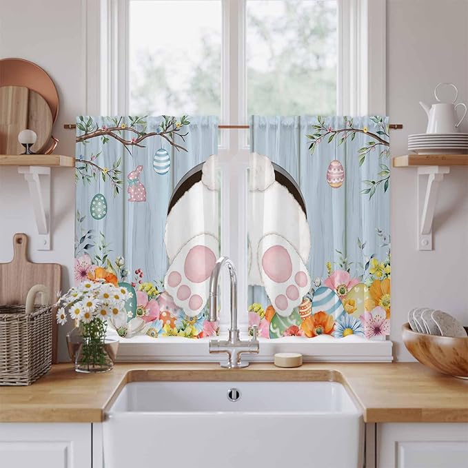 Easter Kitchen Curtains 54 Inch Long 2 Panel Set,Rod Pocket Window Curtains Panels,Spring Watercolor Bunny Eggs Flower Wood Grain Blue Light Filtering Privacy Draperies for Bedroom Laundry 42"W x 54"L