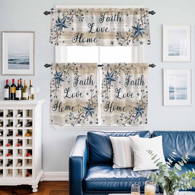 Vintage Country Kitchen Curtains Set 3 Piece for Windows,Rod Pocket Valance and Tier Set 36 Inch Length,Blue Rustic Texas Star Vines Wooden Grain Light Filtering Cafe Curtains for Living Room