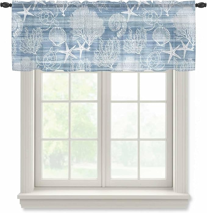 Haze Blue Retro Summer Sheer Valance Curtains, Sea Turtle Starfish Coral Ocean Light Filtering Kitchen Valances Rod Pocket Voile Curtain Window Treatment for Bedroom/Living Room/Basement 54Wx18L