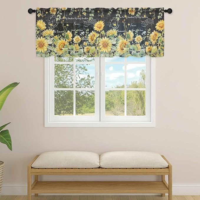 Summer Floral Sheer Valance Curtains, Watercolor Sunflower Eucalyptus Leaves Letter Print Light Filtering Kitchen Valances Rod Pocket Voile Curtain Treatment for Bedroom/Living Room/Basement 42Wx12L