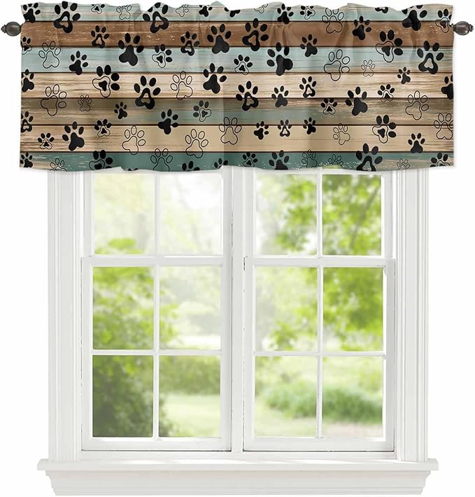 Dog Paws Valances for Windows, Teal Brown Wood Grain Kitchen Valance Light Filtering Rod Pocket Short Curtains for Kitchen Bathroom, 1 Panel, 54"x18"