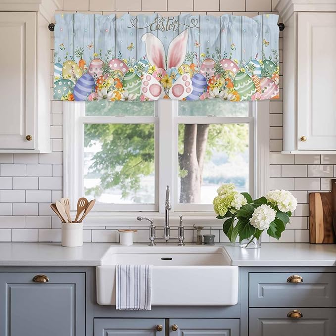 Easter Curtain Valances for Windows, Kitchen Valance Window Treatment, Spring Eggs Rabbit Ear Flowers Wooden Grain Light Filtering Block Curtains for Bathroom/Bedroom/Living Room 42'' x 12''