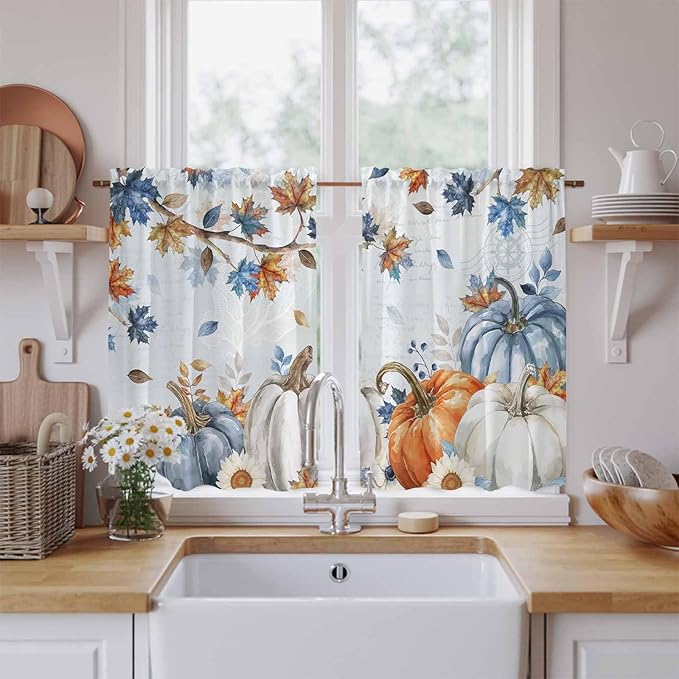 Fall Blue Maple Kitchen Curtains 45 Inch Long 2 Panel Set, Rod Pocket Window Treatment, Thanksgiving Pumpkins Daisy Country Leaves Light Filtering Panels Short Drapes for Bathroom Camper 42"W x 45"L