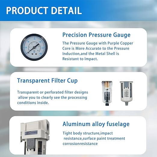 XingNEeng 1/2" NPT Compressed Air Filter Regulator Combo Piggyback, Water/Oil Trap Separator with Pressure Gauge(0-150 psi), Auto Drain, Poly Bowl, 5 Micron Brass Element, Metal Bracket