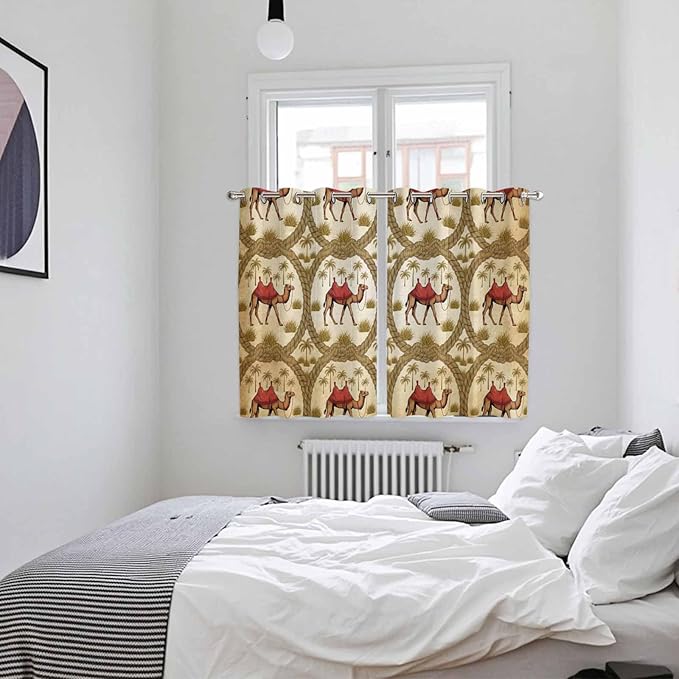 2 Panel Kitchen Cafe Curtains, Brown Desert Camels Sunlight Filtering Nature Air Through, Window Decor Tier Curtains for Living Room 104W x 72L inch Tropical Date Coconut Trees Cords Leaves