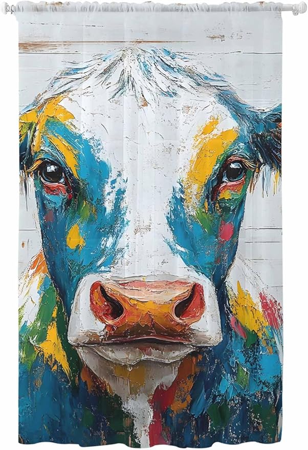 Sheer Curtains 96 Inches Long, Rustic Cow Semi Sheer Curtains Light Filtering Window Treatment, Vintage Colorful Animals Art Wooden Grain Privacy Voile Drapes for Living Room Bedroom 52x96 Inch