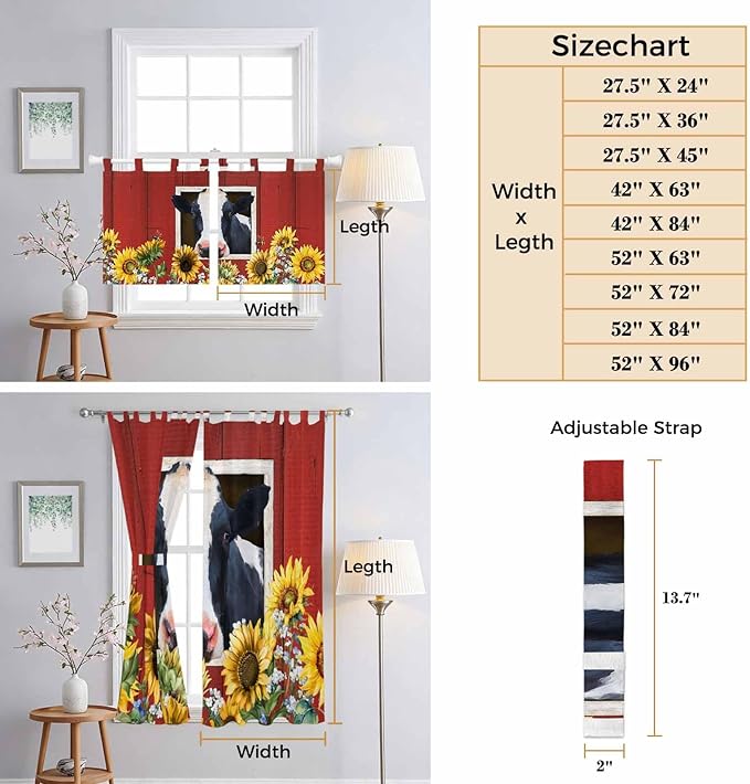 Cow Sunflowers Living Room Curtains 96 Inch Length, Window Curtains Tab Top, Botanical Floral Leaves Bees Farm Barn Light Filtering Window Treatments Drapes 52"x96" 2 Panel