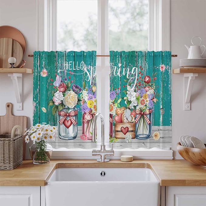Spring Flowers Tier Curtains, Farmhouse Watercolor Teal Wood Grain Light Filtering Kitchen Curtains, 2Pcs Rod Pocket Half Window Treatments Panels for Sink Cafe Cabinet Basement 27.5x45 Inches