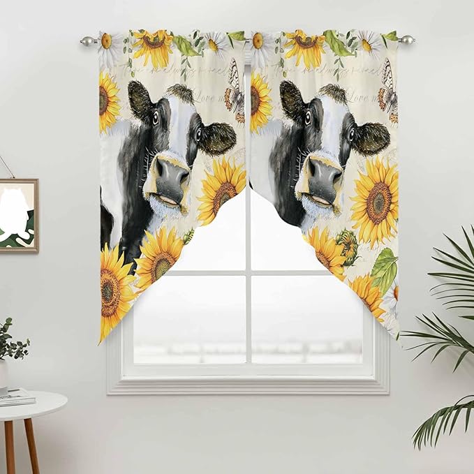 Yellow Sunflowers Swag Valances for Windows, Country Cow Flower Butterfly Farmhouse Cream Rod Pocket Kitchen Curtains Valance, Small Window Curtains Swag for Cafe Living Room, 2 Panels, 28x36 inch