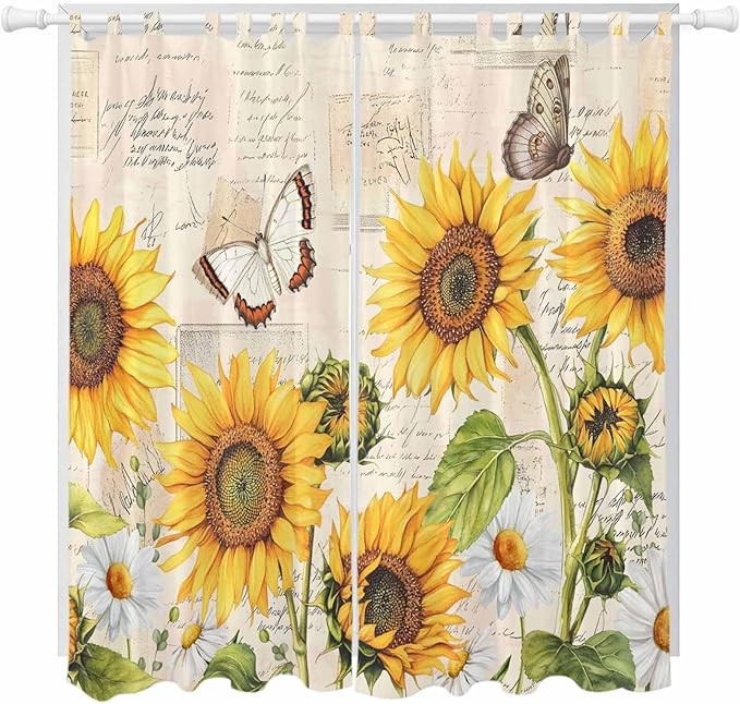 Yellow Sunflowers Living Room Curtains 84 Inch Length, Window Curtains Tab Top, Country Farm Butterfly Flower Light Beige Light Filtering Window Treatments Drapes 52"x84" 2 Panel