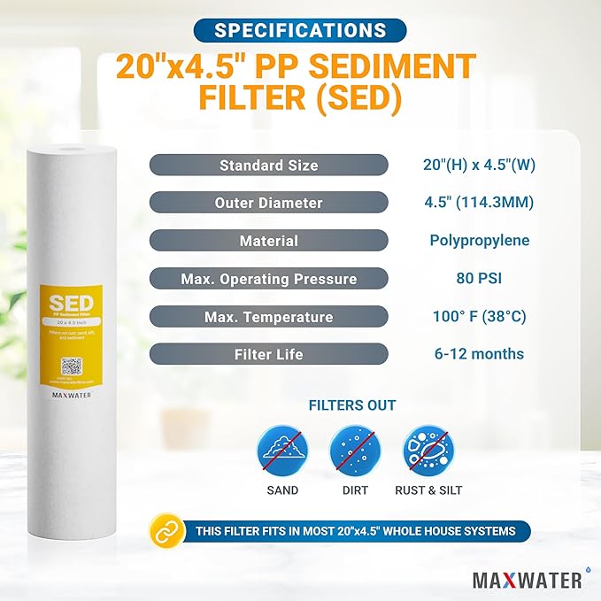 Max Water 1 Micron 20" x 4.5" Sediment Filter - 20 inch Whole House Water Filtration System Replacement Cartridge Compatible with DGD-5005-20, FP25B, AP810-6, P5-20, 155358-43, SDC-45-2005 - 10 Pack