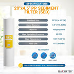 Max Water 1 Micron 20" x 4.5" Sediment Filter - 20 inch Whole House Water Filtration System Replacement Cartridge Compatible with DGD-5005-20, FP25B, AP810-6, P5-20, 155358-43, SDC-45-2005 - 10 Pack