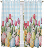 Easter Window Curtains 63 Inch Long 2 Panel Set, Rod Pocket Bedroom Curtains & Drapes, Spring Bunny Colorful Eggs Tulip Flowers Blue Check Light Filtering Window Treatment for Living Room 42"W x 63"L