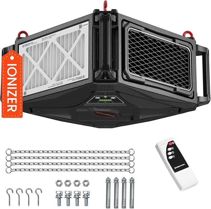 Abestorm 270 Degree Intake Air Filtration System, Built-in Ionizer, 780 CFM Hanging Dust Collector with Remote Control, for Woodworking Shops and Garage, 2-speed Adjustment, DecDust 780IG