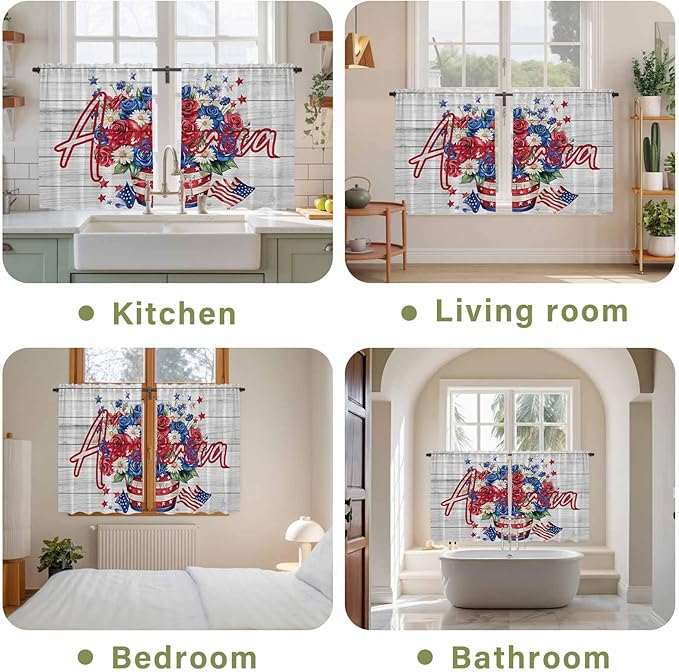Independence Day Kitchen Curtains 45 Inch Long 2 Panel Set, Rod Pocket Window Treatment, 4 of July Rose Wooden Grain Vintage Light Filtering Panels Short Drapes for Bathroom Camper 42"W x 45"L