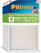 Filtrete 17.5x23.5x1 AC Furnace Air Filter, MPR 700, MERV 8, Tough on Pollen, Easy on Airflow, 3-Month Pleated 1-Inch Electrostatic Air Cleaning Filter, 4-Pack (Actual Size 17.19 x 23.19 x 0.81 in)