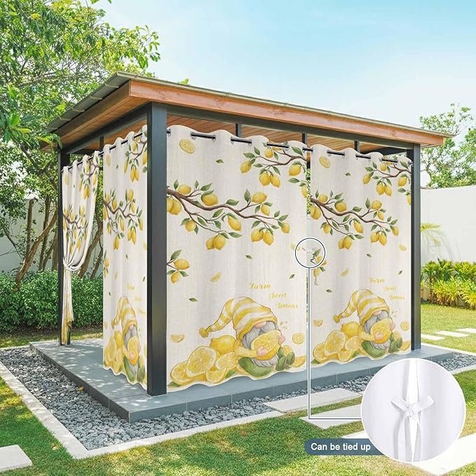 Summer Outdoor Curtains for Patio Lemon Gnome Leaf Linen Texture Waterproof Outside Curtains with Grommet Top Weatherproof Curtain for Cabana Pergola Gazebo, 2 Pack, 54" W x 95" L