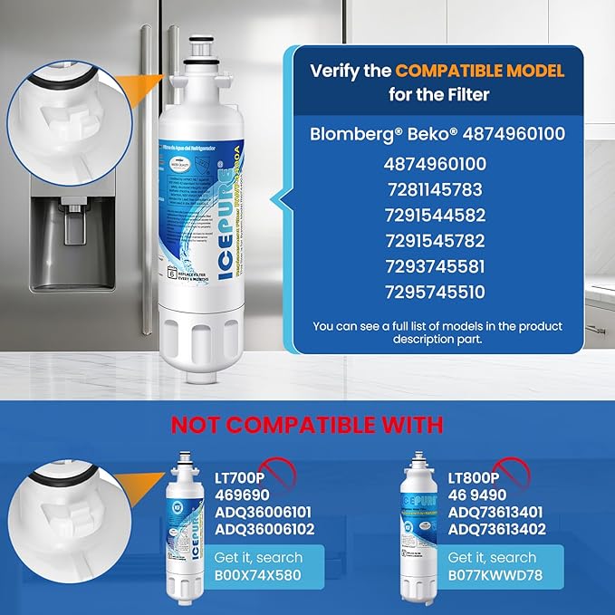 ICEPURE 4874960100 Refrigerator Water Filter Replacement for Blomberg Beko 4874960100 Water Filter, NSF/ANSI 42 certification, Reduces Chlorine Taste & Odor, 2PACK