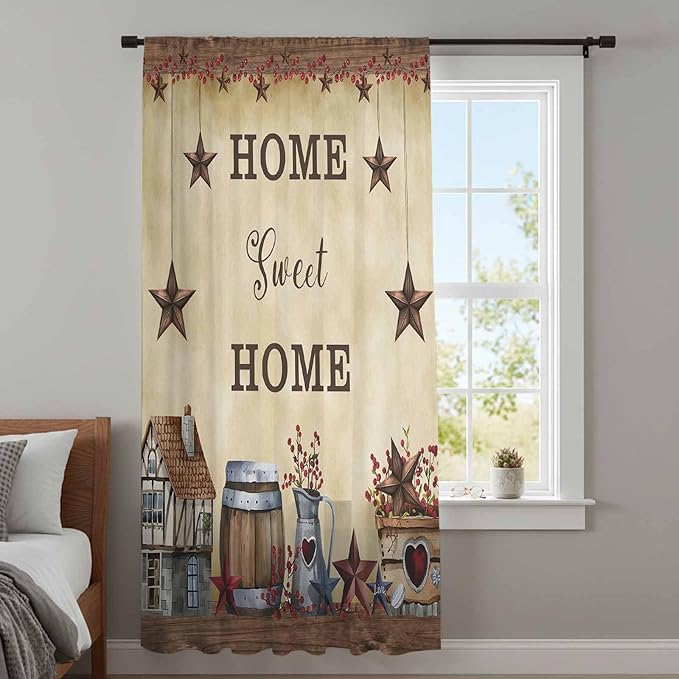 Farm Sheer Curtains 45 Inch Length American Country Barn Star Vintage Berry Brown Chiffon Curtain for Bedroom Living Room Light Filtering Rod Pocket Window Treatments Voile Curtains Drapes for Kitchen