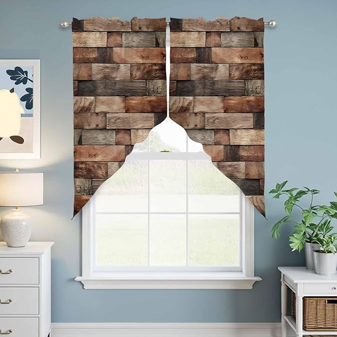 Western Barn Door Swag Valances for Windows, Vintage Farmhouses Wooden Door Brown Rod Pocket Kitchen Curtains Valance, Small Window Curtains Swag for Cafe Bathroom Living Room, 2 Panels, 36x36 inch
