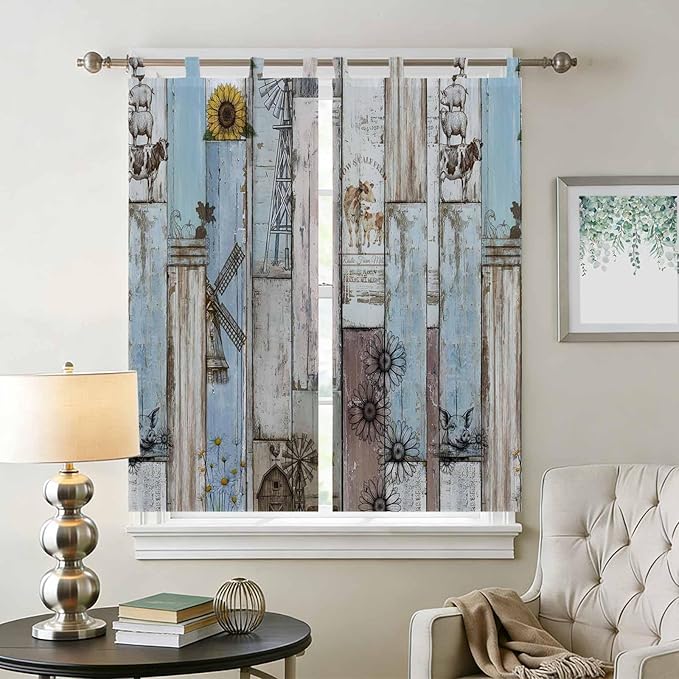 Blue Grey Wooden Bedroom Curtains 72 Inch Length, Window Curtains Tab Top, Farmhouse Barn Sunflowers Retro Light Filtering Window Treatments Drapes 52"x72" 2 Panel