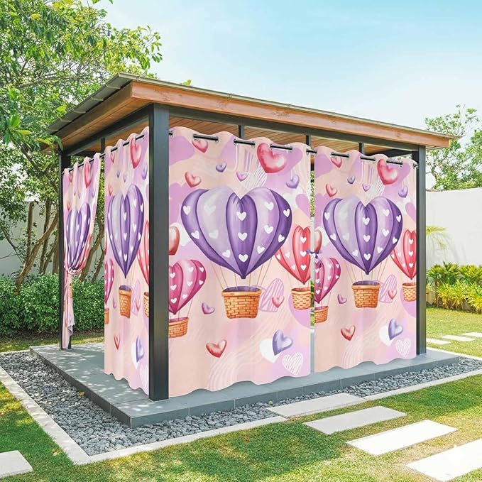 Hot Air Balloons Waterproof Outdoor Curtains for Patio,Windproof Weatherproof Curtains with Weighted Hem,Valentine's Day Watercolor Love Balloons Light Filtering Privacy Drapes 54"x 84" 2 Panels