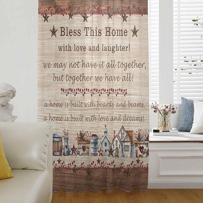 Farmhouse Sheer Curtains 108 Inch Length Brown Country Star Berry Vintage Wood Grain Chiffon Curtain for Bedroom Living Room Light Filtering Rod Pocket Window Treatments Voile Curtains Drapes