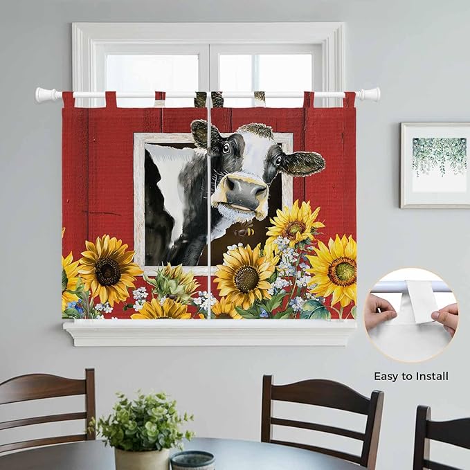 Cows Sunflowers Bedroom Curtains 63 Inch Length, Window Curtains Tab Top, Spring Botanical Floral Bees Red Barn Light Filtering Window Treatments Drapes 42"x63" 2 Panel