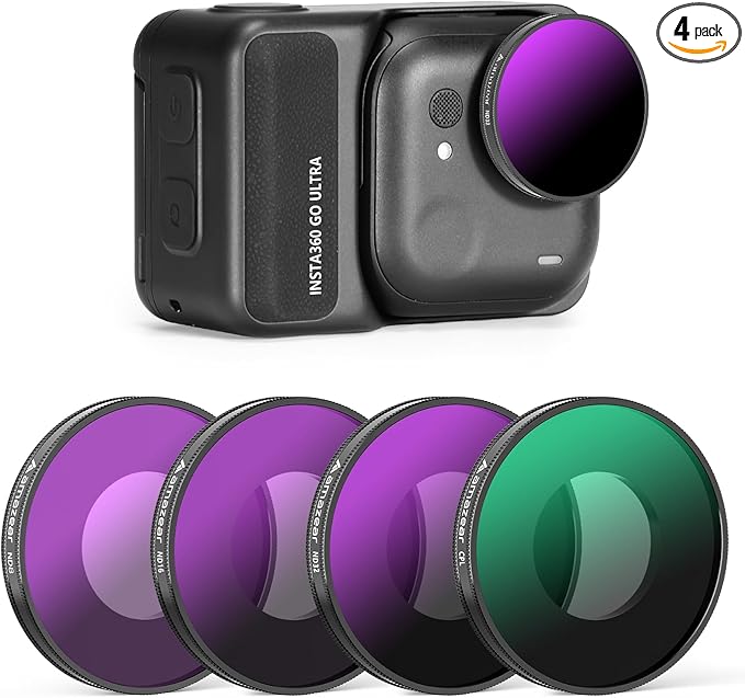 AMAZEAR ND & CPL Filters Set for Insta360 Go Ultra, Insta 360 Accessories ND8 + ND16 + ND32 + CPL Replacement Lens Filters Kit | 4 Pack | Optical Glass | HD | Oil Resistant | Easy to Use |