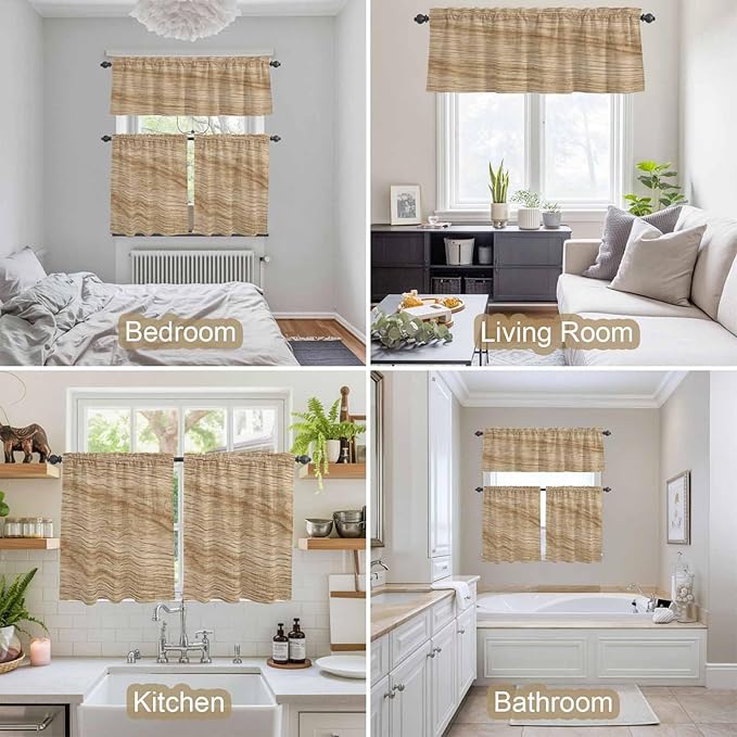 Kitchen Curtains Tiers and Valance Set of 3, Country Farmhouse Light Filtering Window Curtain Set, Vintage Brown Wooden Grain Rod Pocket Curtain Drapes for Cafe, Living Room, 24 Inches Tiers