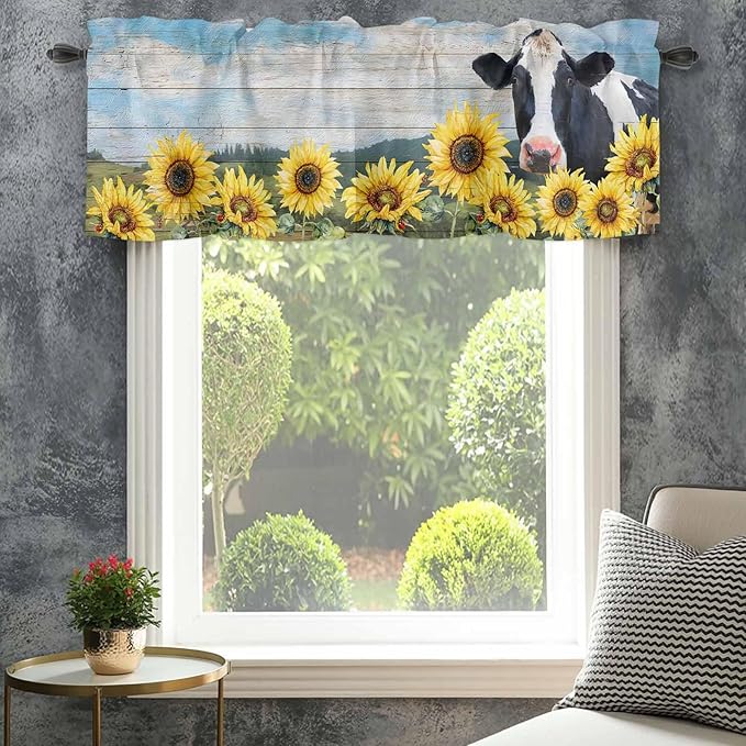 Cow Sunflowers Curtain Valances for Windows, Kitchen Valance Window Treatment, Farmhouse Animal Blue Sky Wooden Grain Light Filtering Block Curtains for Bathroom/Bedroom/Living Room 42'' x 18''