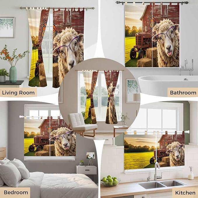 Farm Sheep Bathroom Curtains 63 Inch Length, Window Curtains Tab Top, Farmhouse Barn Funny Animals Butterfly Light Filtering Window Treatments Drapes 52"x63" 2 Panel